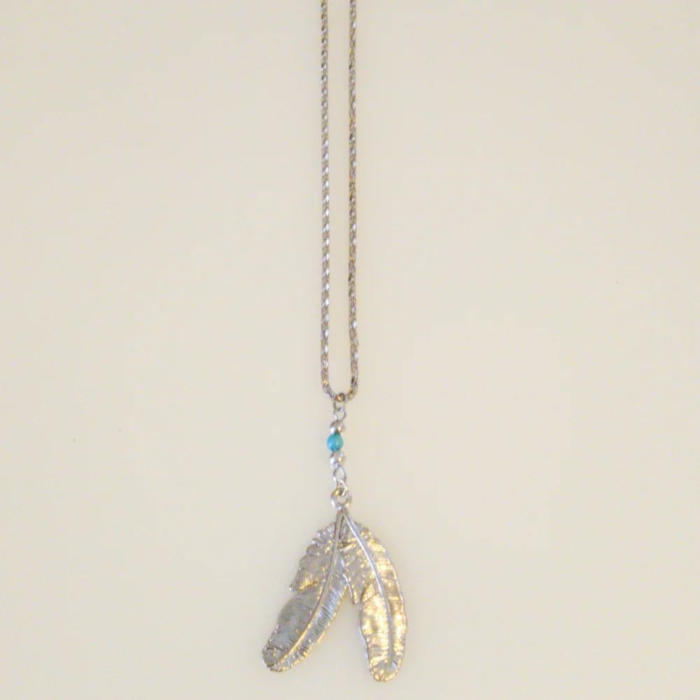 Blue and Silver Feather Pendant Necklace